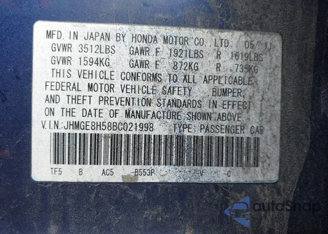 2011 Honda Fit Sport from USA, damaged, VIN JHMGE8H58BC021998